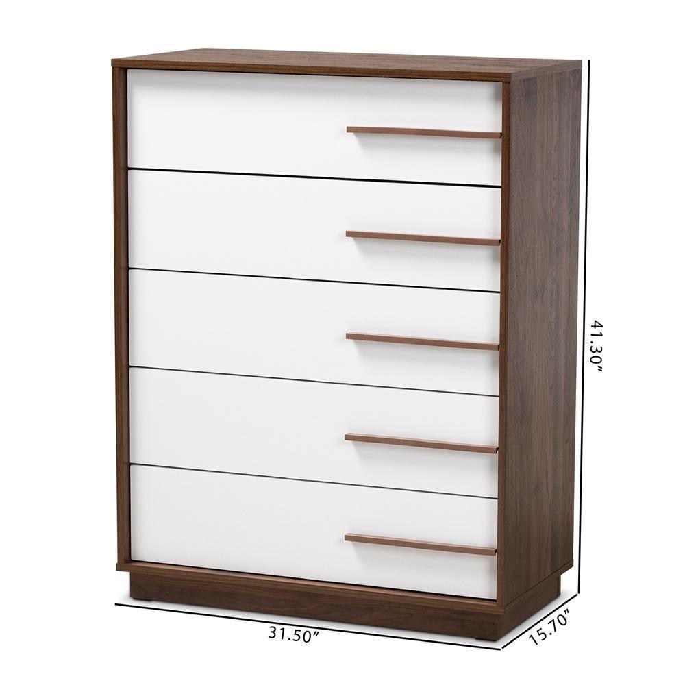 Mette Mid-Century Modern Two-Tone White and Walnut Finished 5-Drawer Wood Chest FredCo