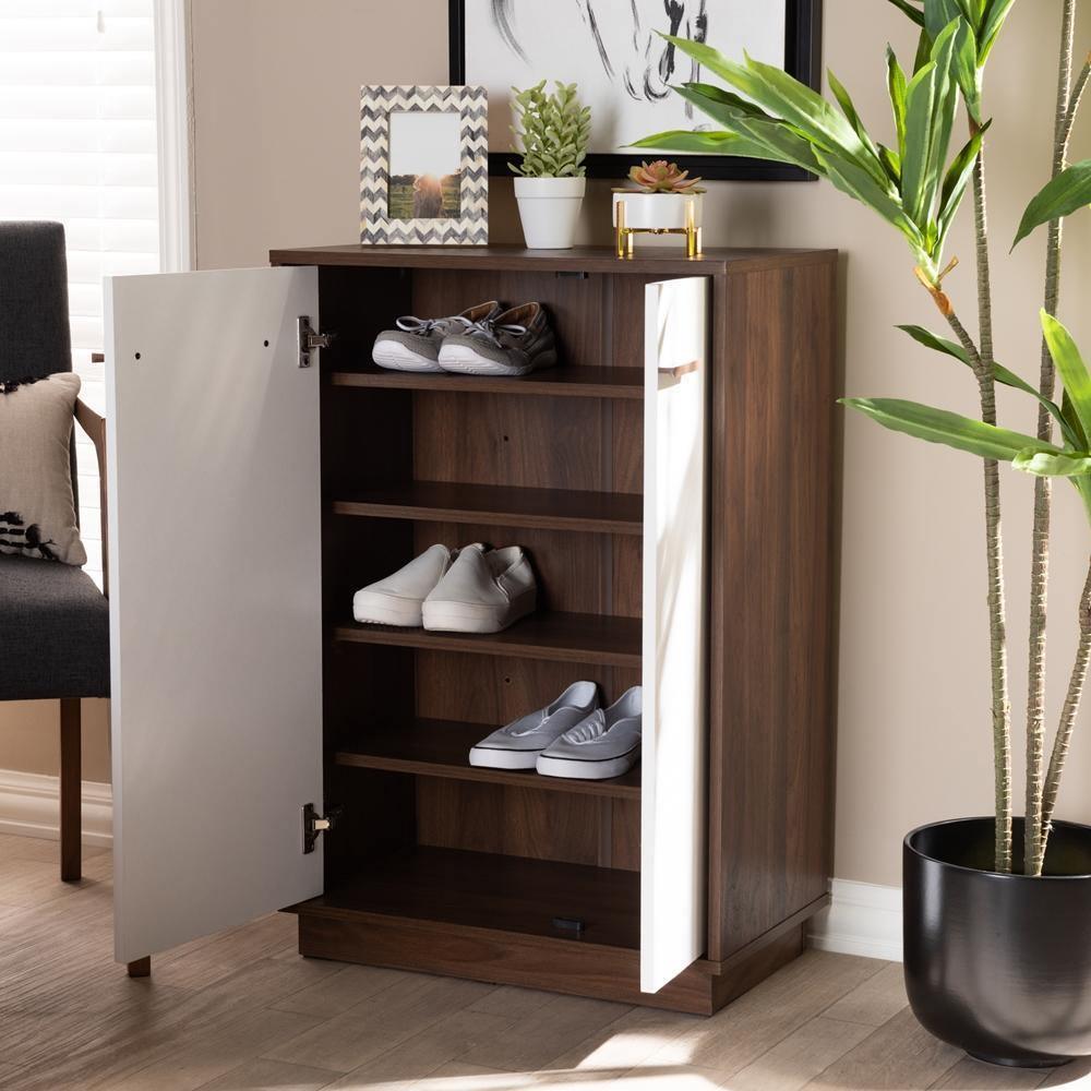 Mette Mid-Century Modern Two-Tone White and Walnut Finished 5-Shelf Wood Entryway Shoe Cabinet FredCo