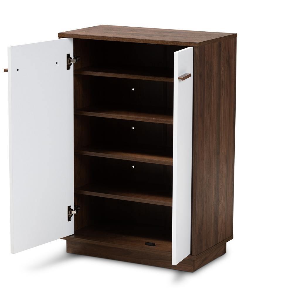 Mette Mid-Century Modern Two-Tone White and Walnut Finished 5-Shelf Wood Entryway Shoe Cabinet FredCo