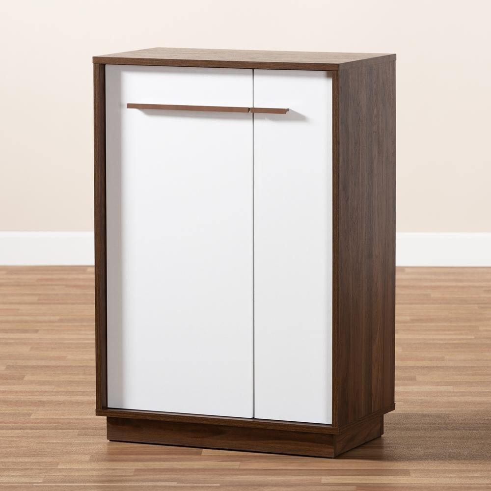 Mette Mid-Century Modern Two-Tone White and Walnut Finished 5-Shelf Wood Entryway Shoe Cabinet FredCo