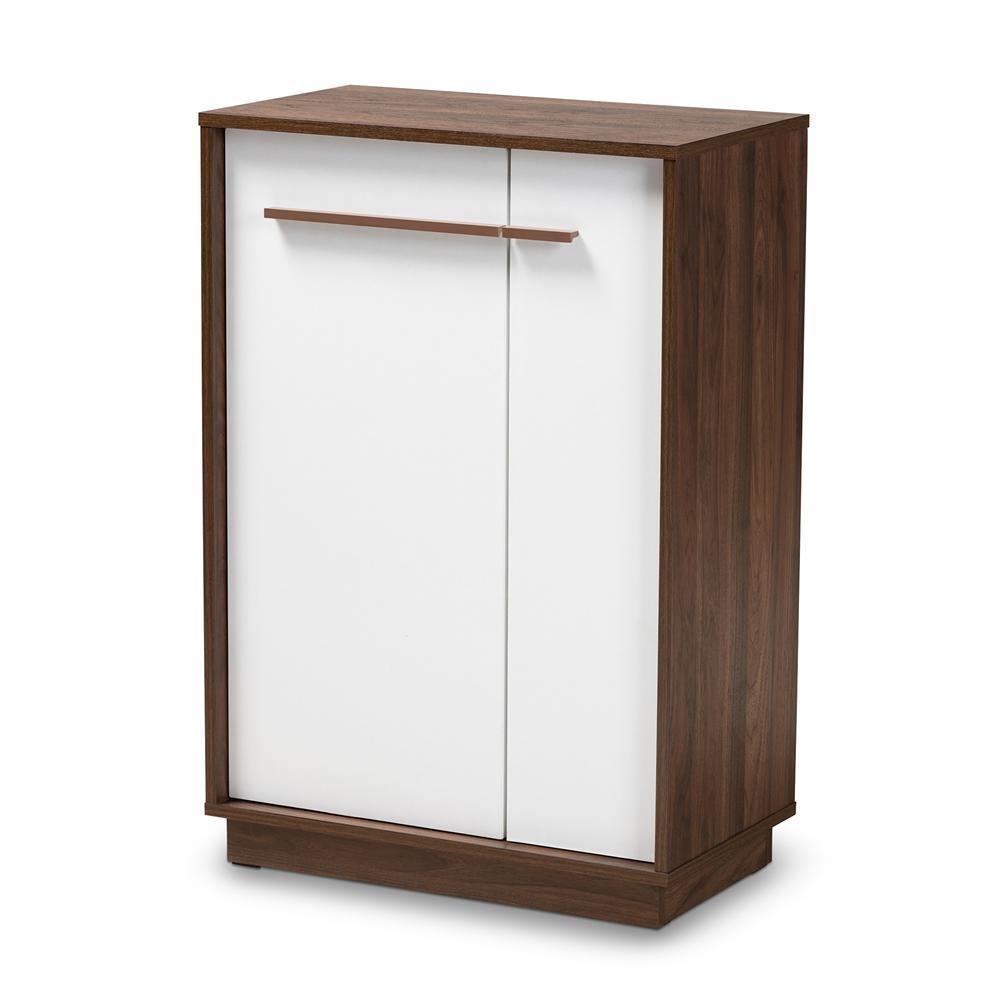 Mette Mid-Century Modern Two-Tone White and Walnut Finished 5-Shelf Wood Entryway Shoe Cabinet FredCo
