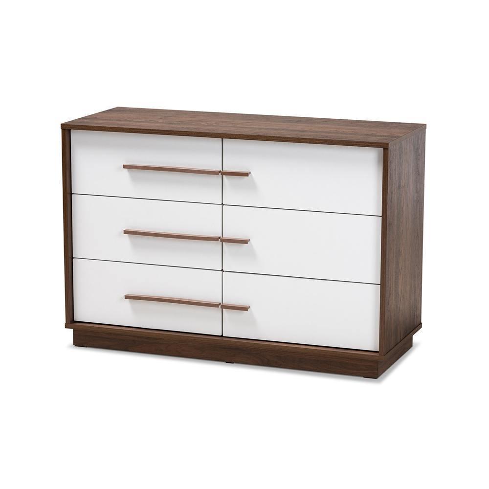 Mette Mid-Century Modern Two-Tone White and Walnut Finished 6-Drawer Wood Dresser FredCo