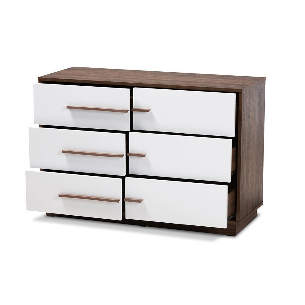 Mette Mid-Century Modern Two-Tone White and Walnut Finished 6-Drawer Wood Dresser FredCo