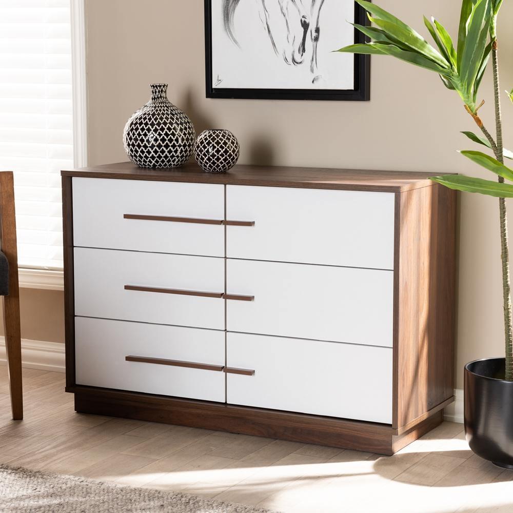Mette Mid-Century Modern Two-Tone White and Walnut Finished 6-Drawer Wood Dresser FredCo