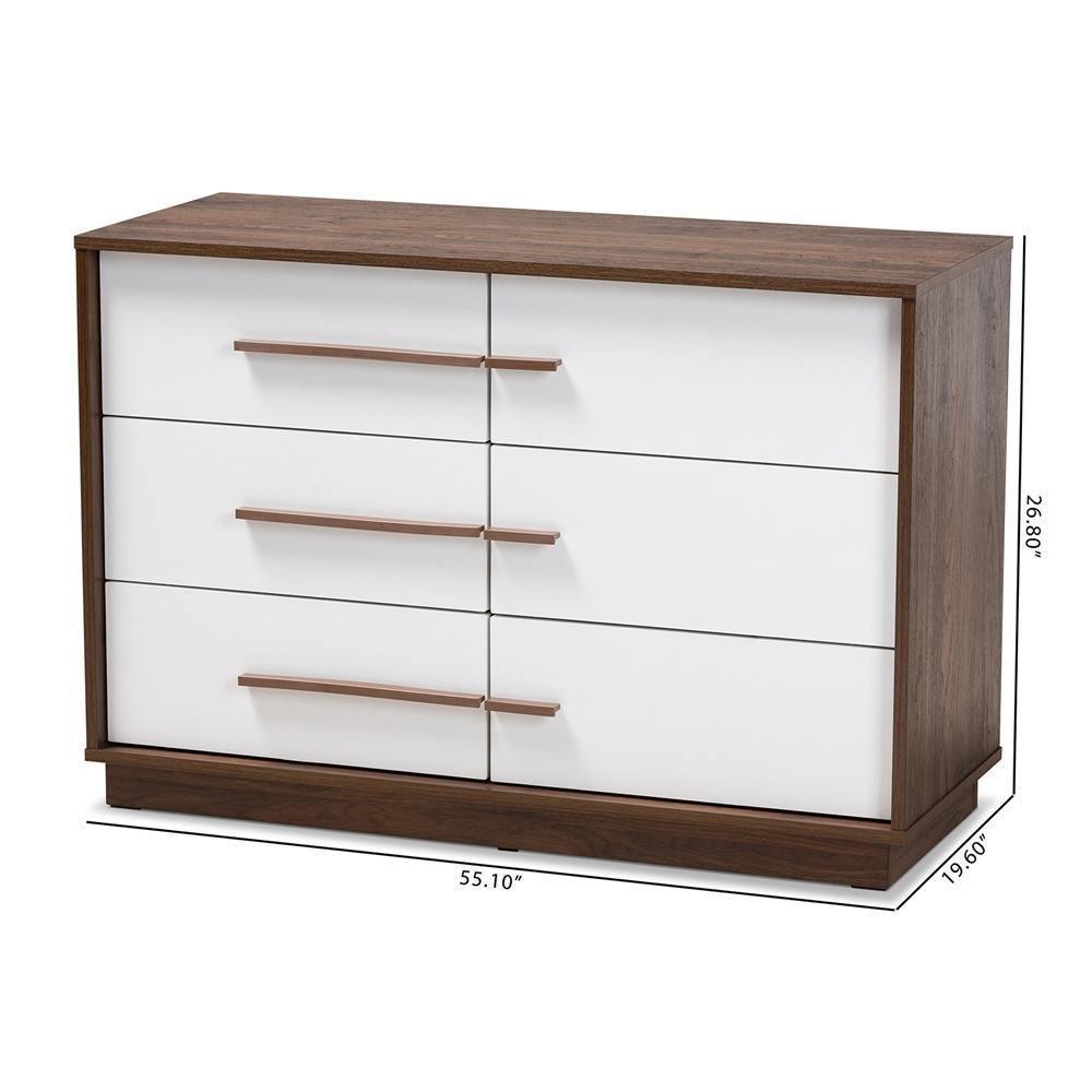 Mette Mid-Century Modern Two-Tone White and Walnut Finished 6-Drawer Wood Dresser FredCo