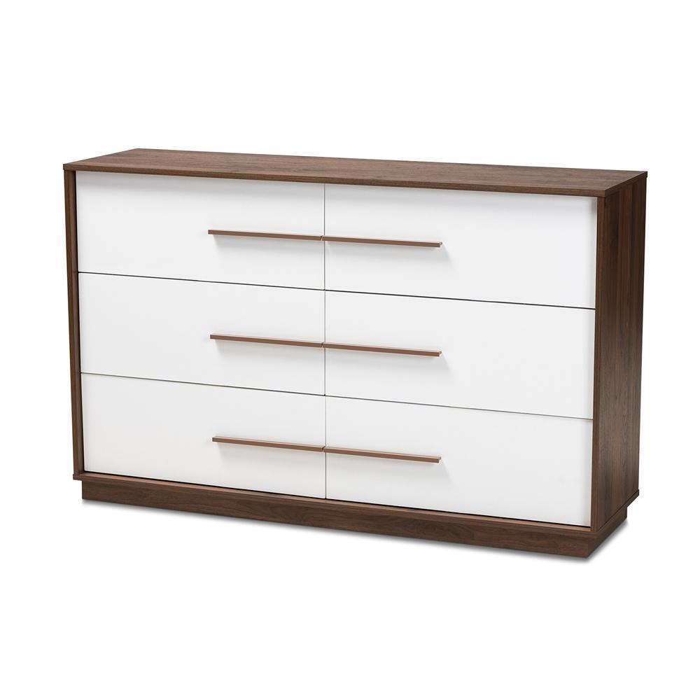 Mette Mid-Century Modern White and Walnut Finished 6-Drawer Wood Dresser FredCo