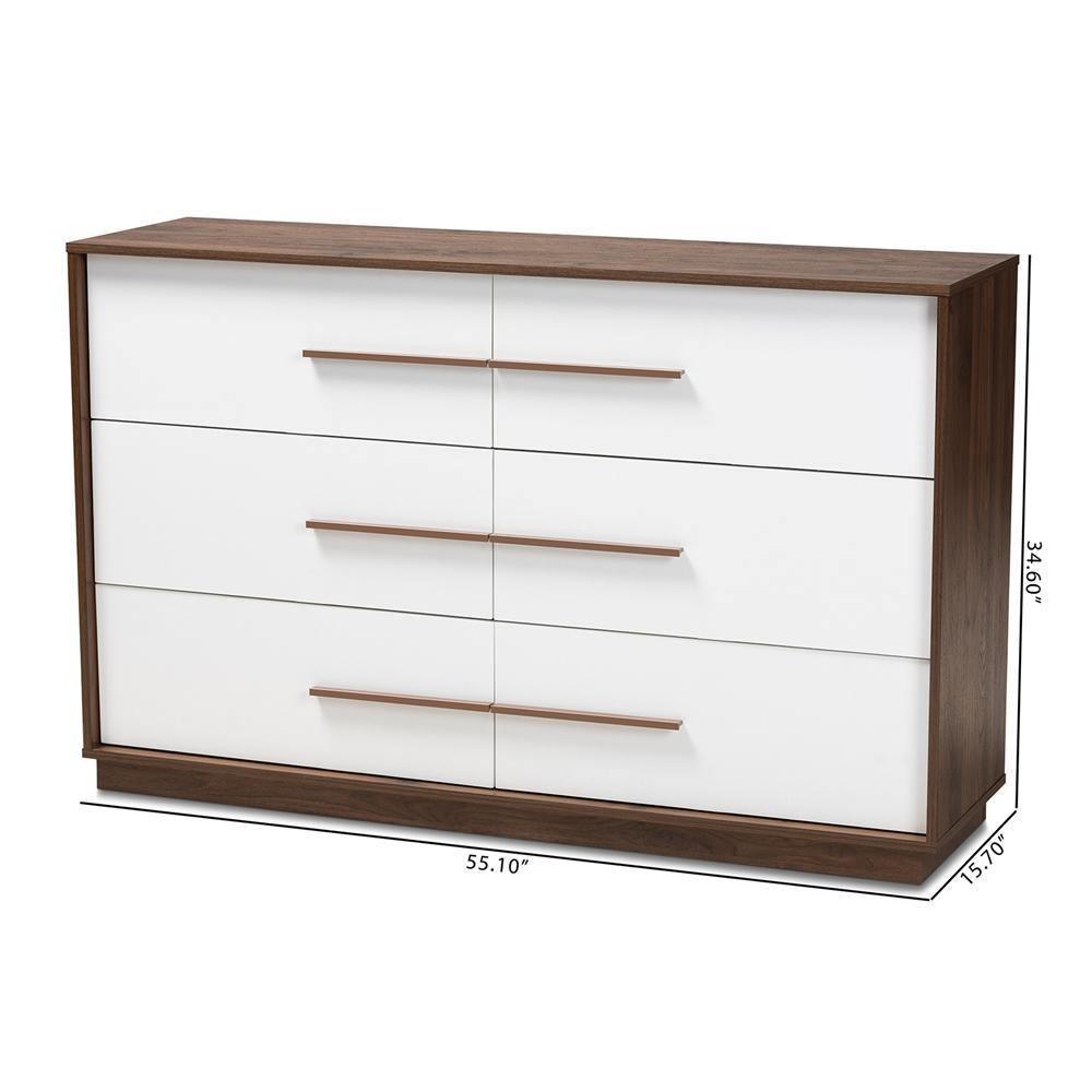 Mette Mid-Century Modern White and Walnut Finished 6-Drawer Wood Dresser FredCo