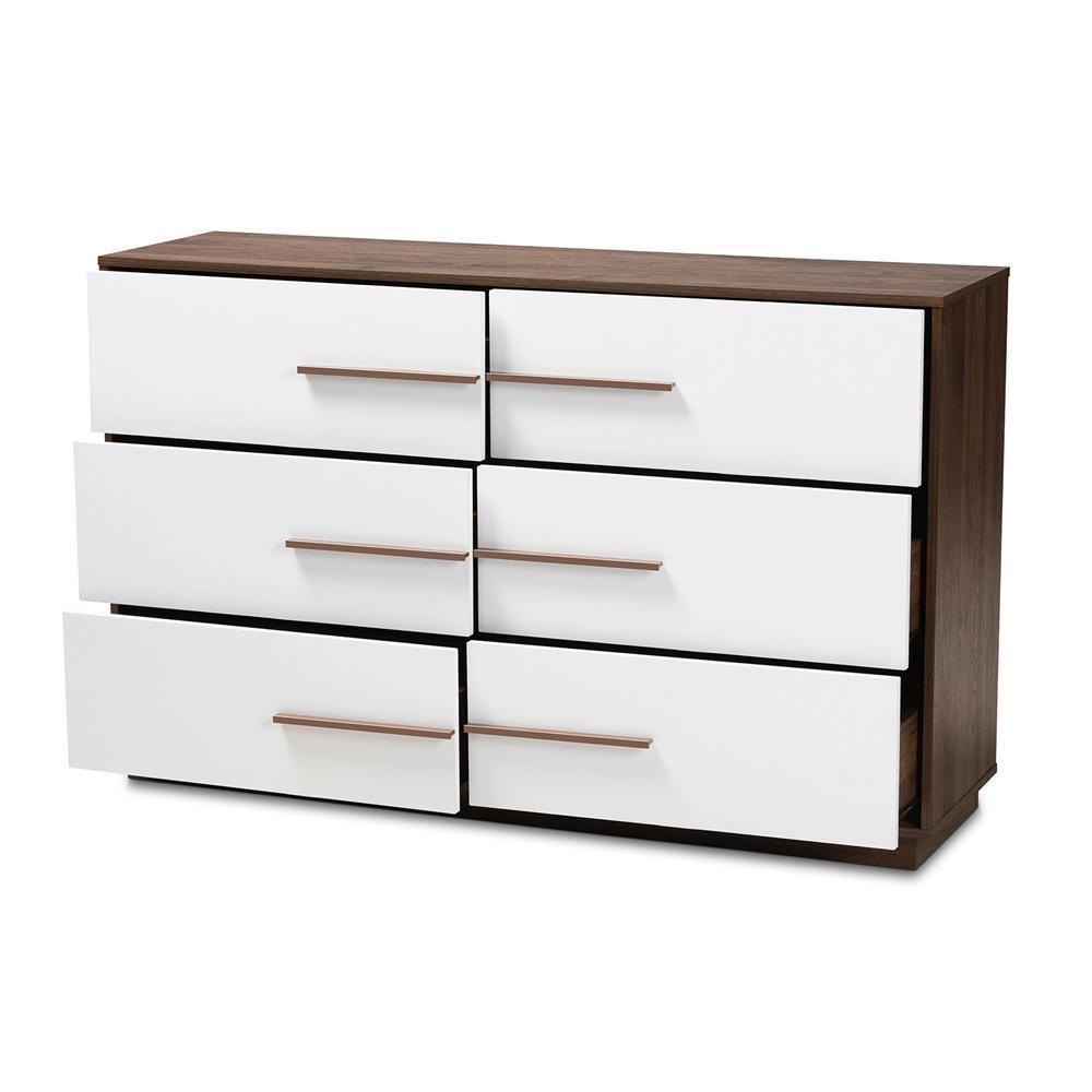 Mette Mid-Century Modern White and Walnut Finished 6-Drawer Wood Dresser FredCo