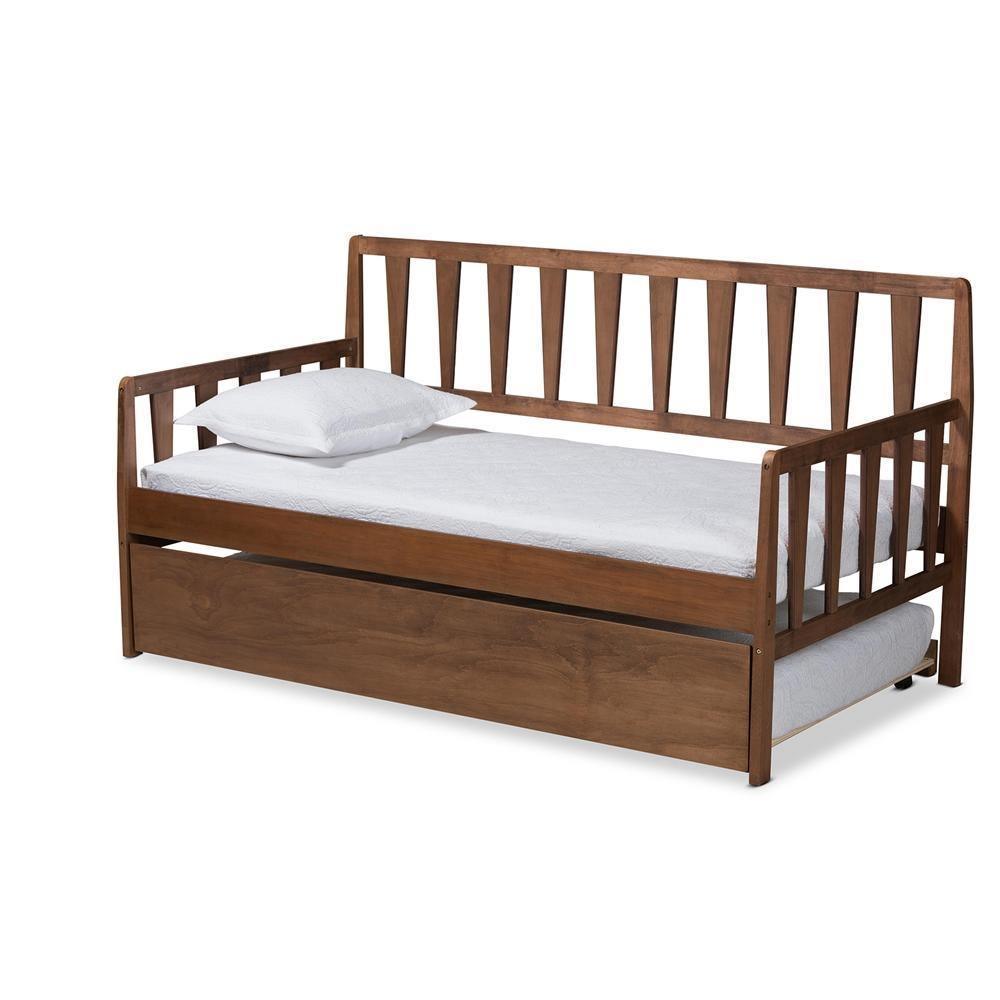 Midori Modern and Contemporary Transitional Walnut Brown Finished Wood Twin Size Daybed with Roll-Out Trundle Bed FredCo