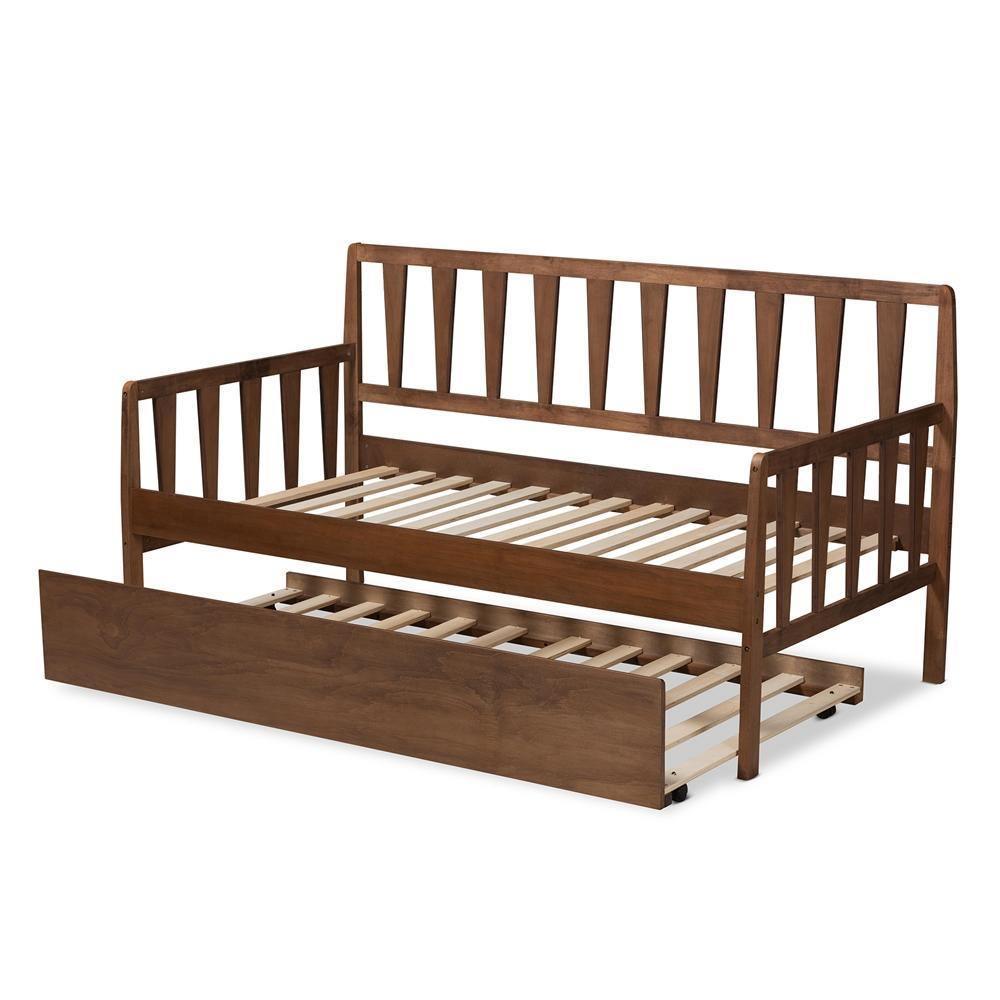 Midori Modern and Contemporary Transitional Walnut Brown Finished Wood Twin Size Daybed with Roll-Out Trundle Bed FredCo