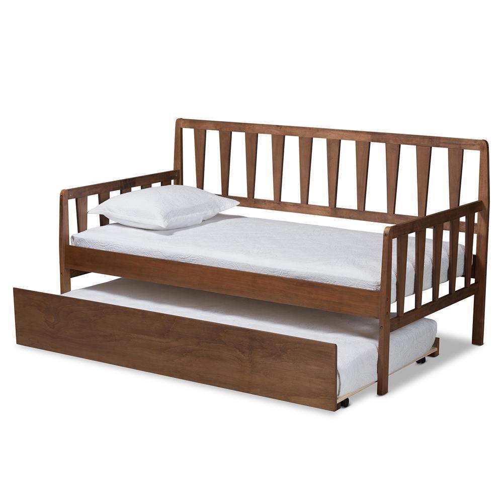 Midori Modern and Contemporary Transitional Walnut Brown Finished Wood Twin Size Daybed with Roll-Out Trundle Bed FredCo