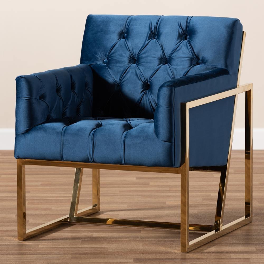 Milano Modern and Contemporary Navy Velvet Fabric Upholstered Gold Finished Lounge Chair FredCo