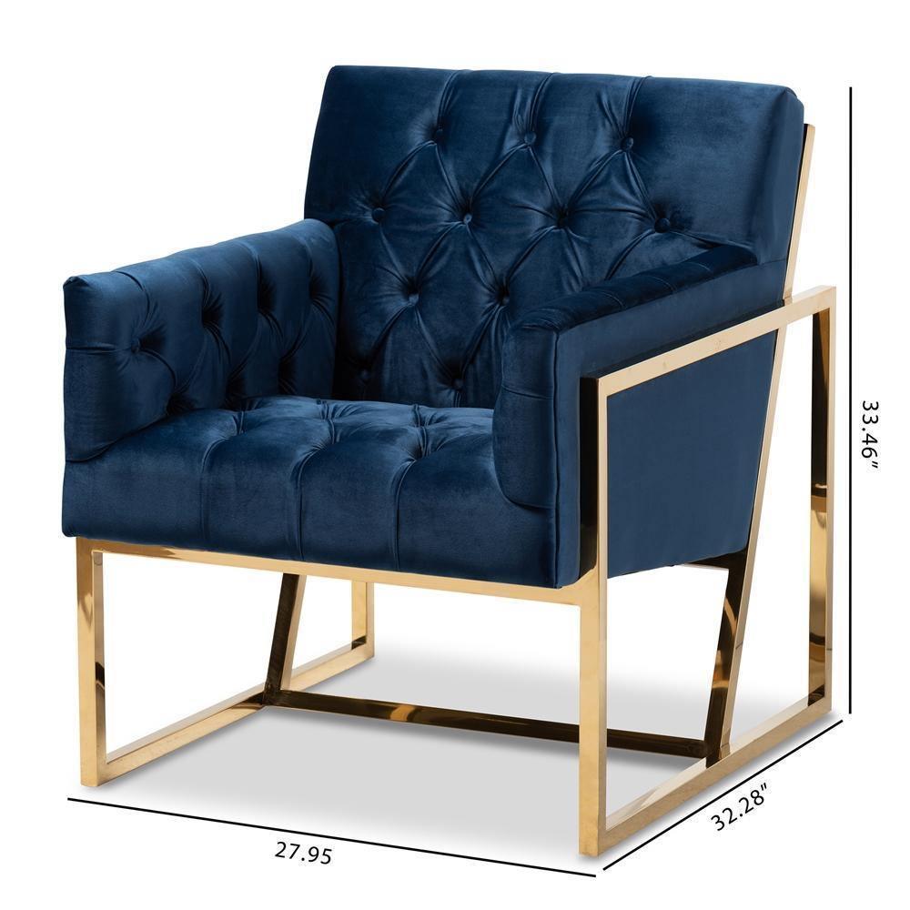 Milano Modern and Contemporary Navy Velvet Fabric Upholstered Gold Finished Lounge Chair FredCo