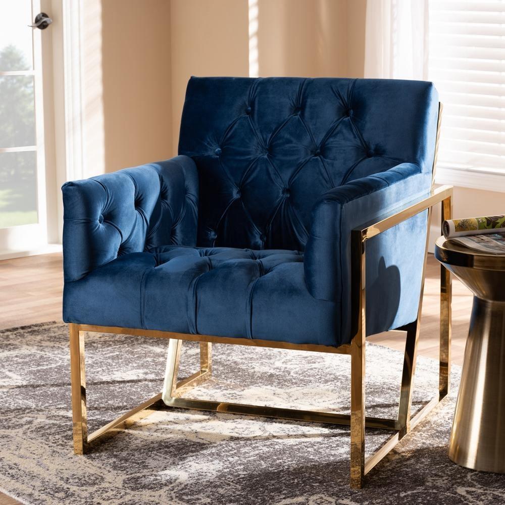 Milano Modern and Contemporary Navy Velvet Fabric Upholstered Gold Finished Lounge Chair FredCo