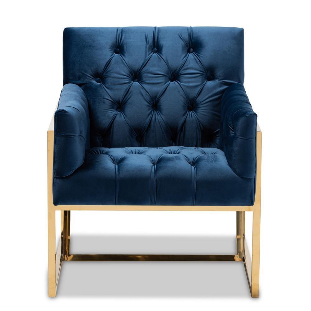 Milano Modern and Contemporary Navy Velvet Fabric Upholstered Gold Finished Lounge Chair FredCo