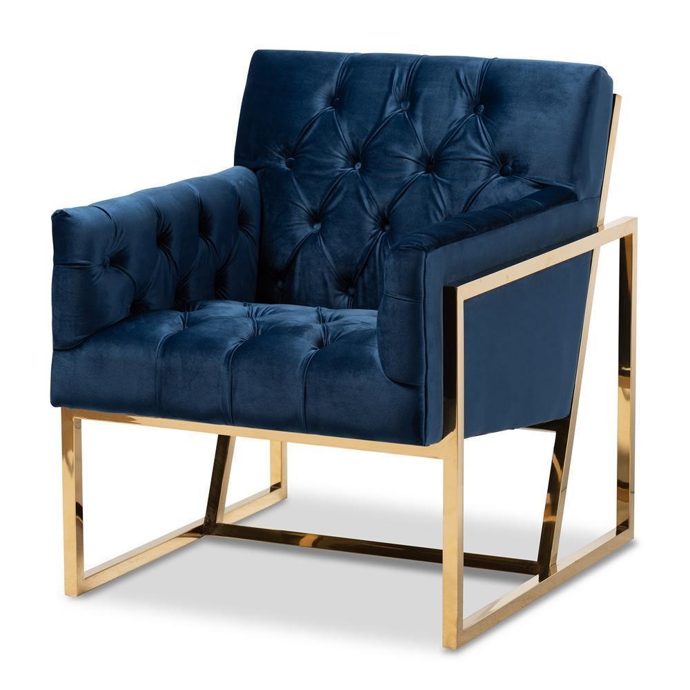 Milano Modern and Contemporary Navy Velvet Fabric Upholstered Gold Finished Lounge Chair FredCo