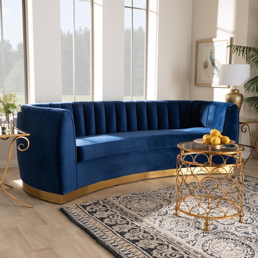 Milena Glam Royal Blue Velvet Fabric Upholstered Gold-Finished Sofa FredCo
