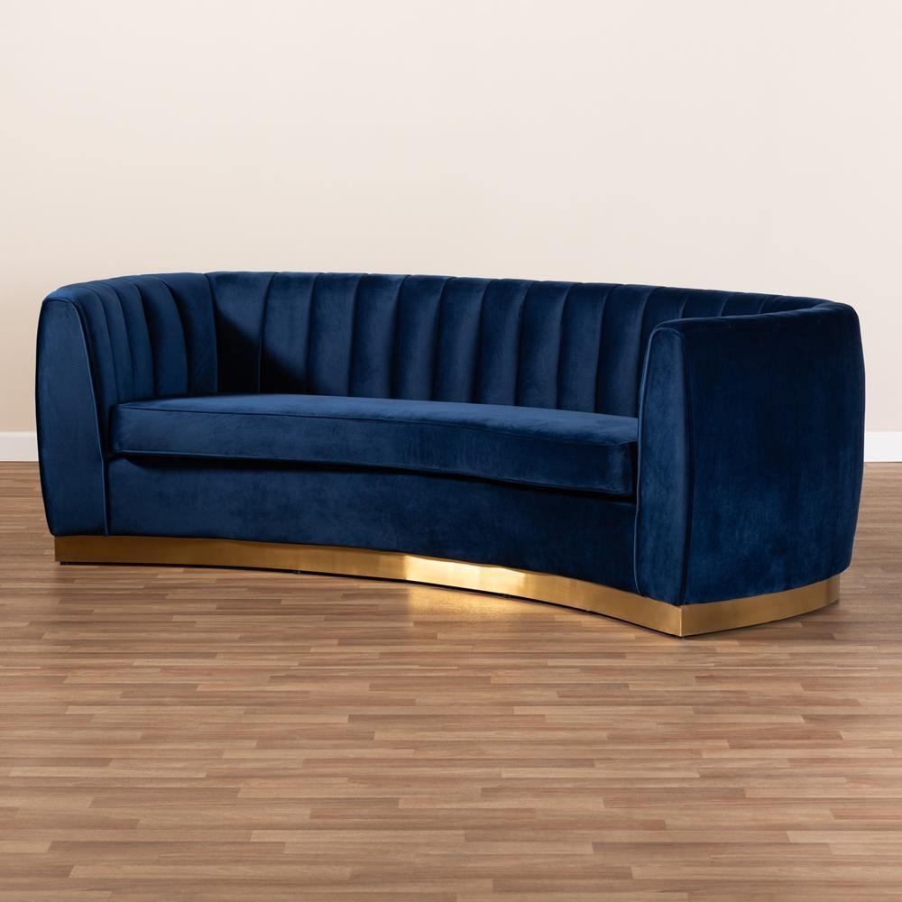Milena Glam Royal Blue Velvet Fabric Upholstered Gold-Finished Sofa FredCo