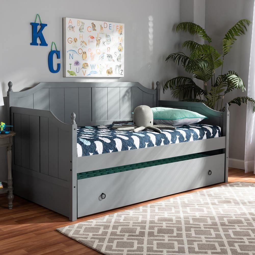 Millie Cottage Farmhouse Grey Finished Wood Twin Size Daybed with Trundle FredCo