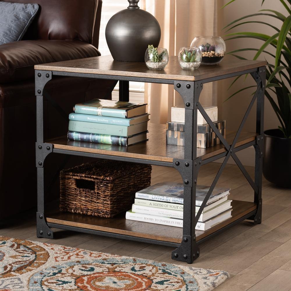 Milo Vintage Industrial Antique Bronze Metal and Distressed Wood End Table FredCo
