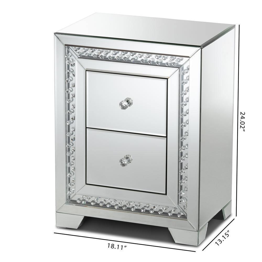 Mina Modern and Contemporary Hollywood Regency Glamour Style Mirrored Two Drawer Nightstand Bedside Table FredCo
