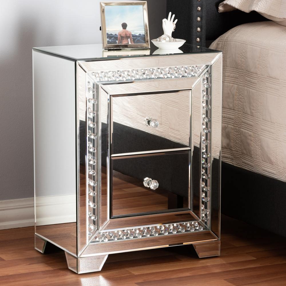 Mina Modern and Contemporary Hollywood Regency Glamour Style Mirrored Two Drawer Nightstand Bedside Table FredCo