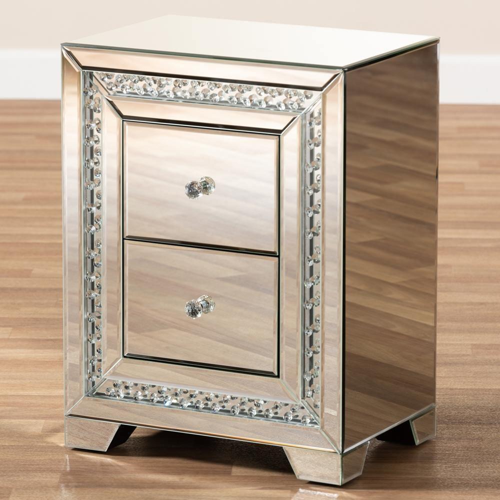 Mina Modern and Contemporary Hollywood Regency Glamour Style Mirrored Two Drawer Nightstand Bedside Table FredCo