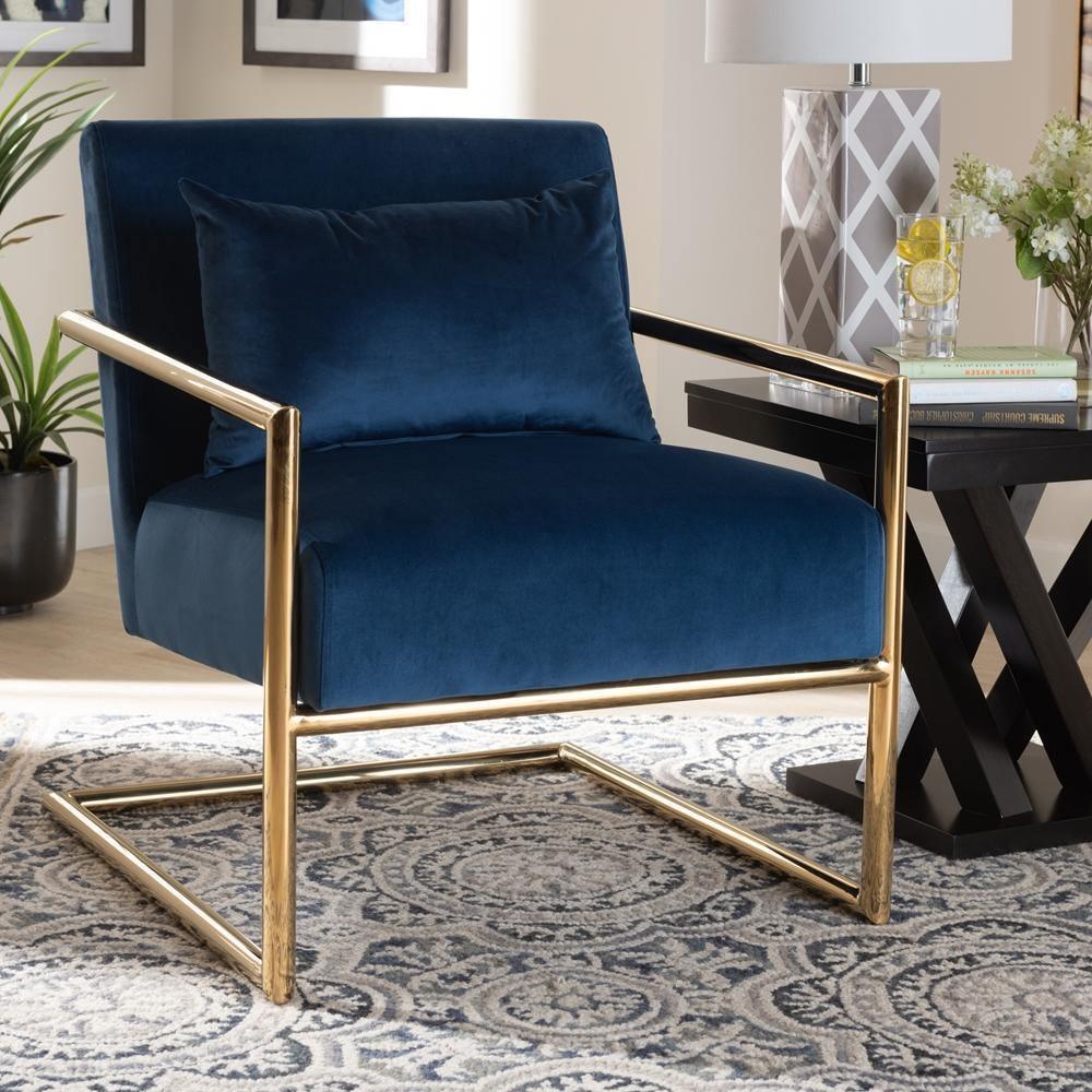 Mira Glam and Luxe Navy Blue Velvet Fabric Upholstered Gold Finished Metal Lounge Chair FredCo