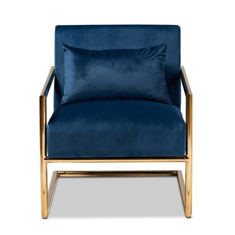 Mira Glam and Luxe Navy Blue Velvet Fabric Upholstered Gold Finished Metal Lounge Chair FredCo