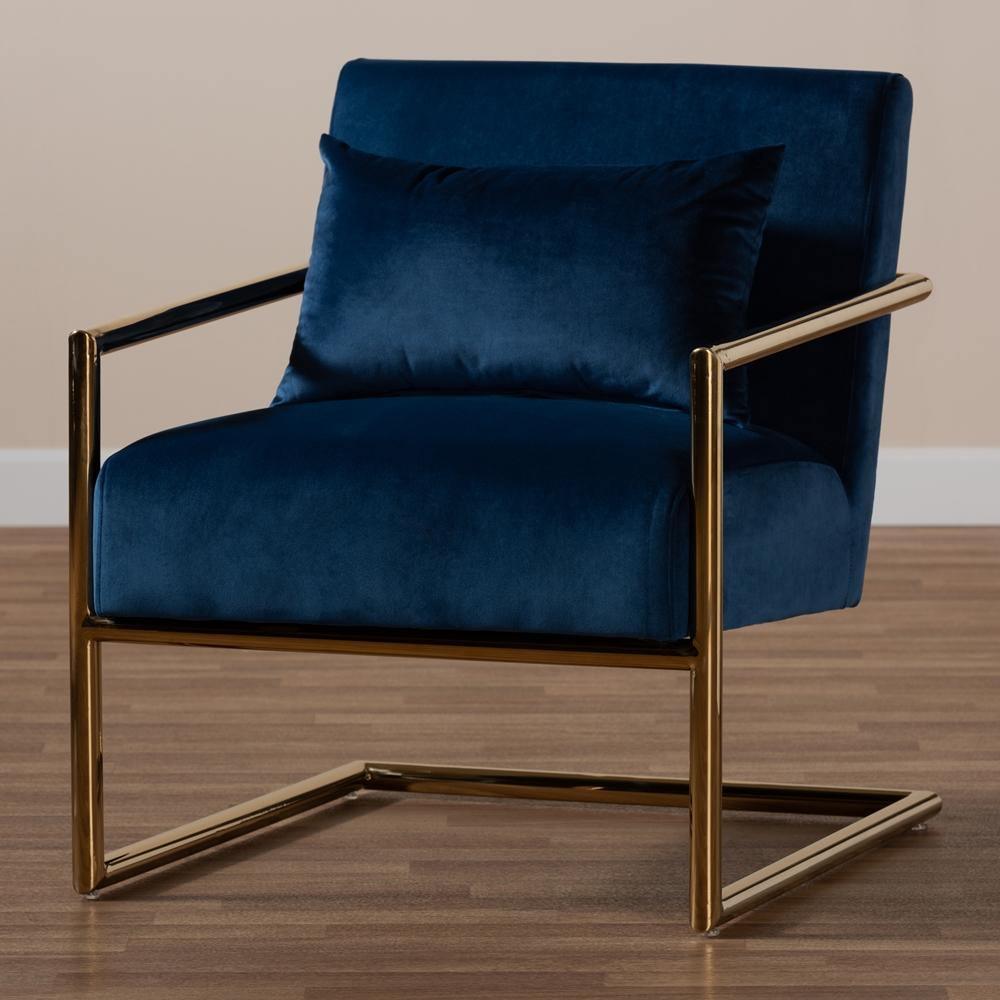 Mira Glam and Luxe Navy Blue Velvet Fabric Upholstered Gold Finished Metal Lounge Chair FredCo