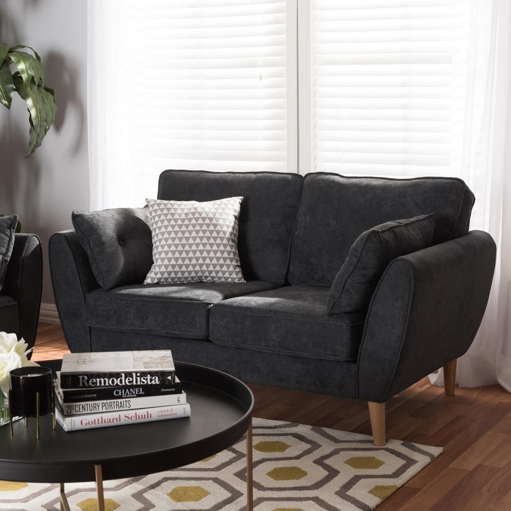 Miranda Mid-Century Modern Dark Grey Fabric Upholstered Loveseat FredCo