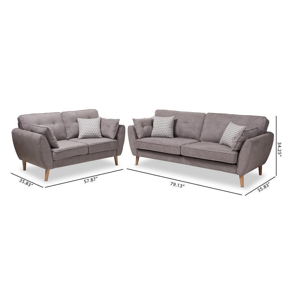 Miranda Mid-Century Modern Light Grey Fabric Upholstered 2-Piece Living Room Set FredCo