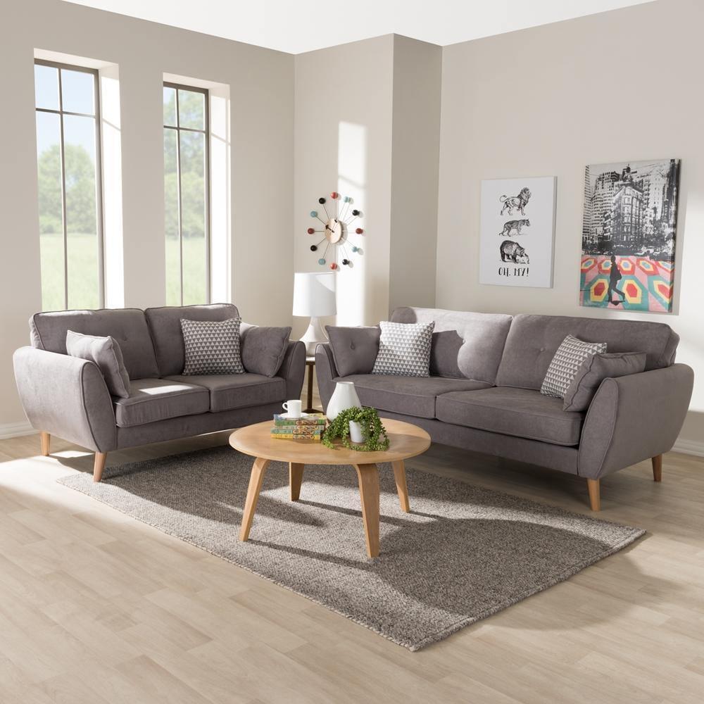 Miranda Mid-Century Modern Light Grey Fabric Upholstered 2-Piece Living Room Set FredCo