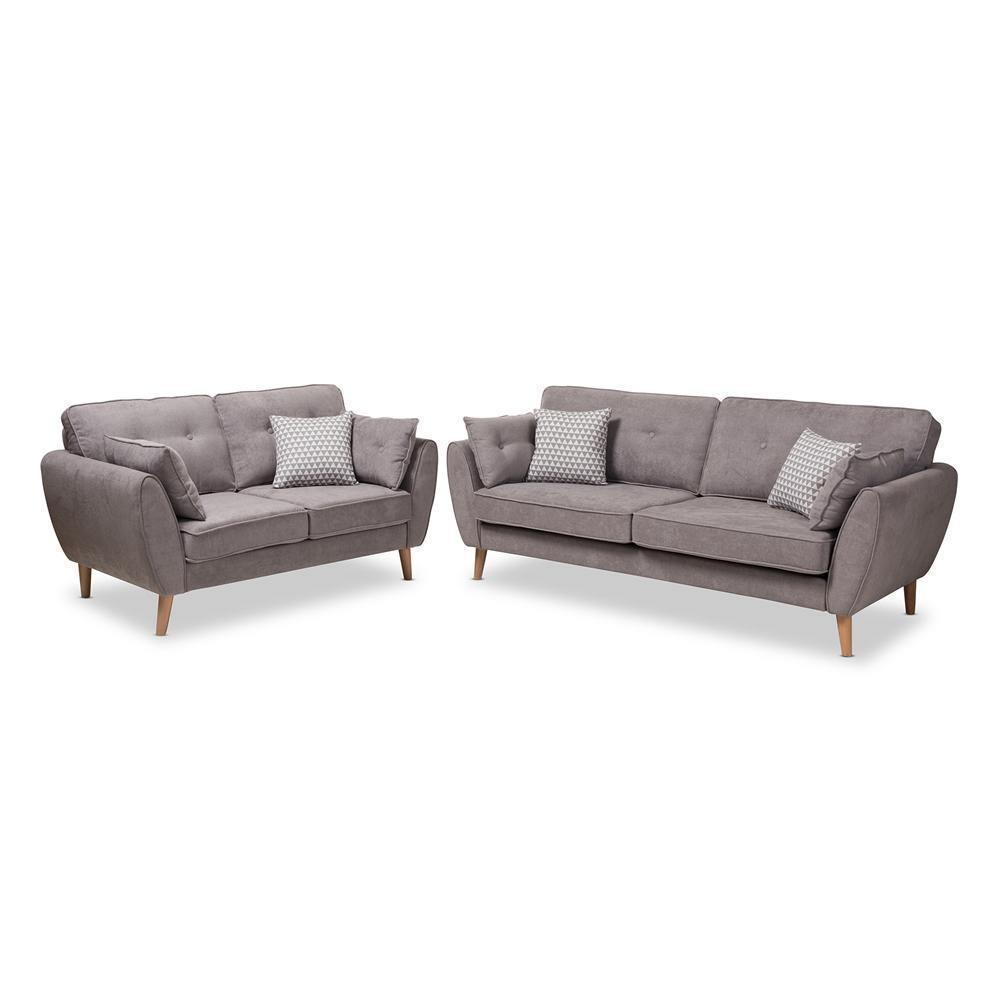 Miranda Mid-Century Modern Light Grey Fabric Upholstered 2-Piece Living Room Set FredCo