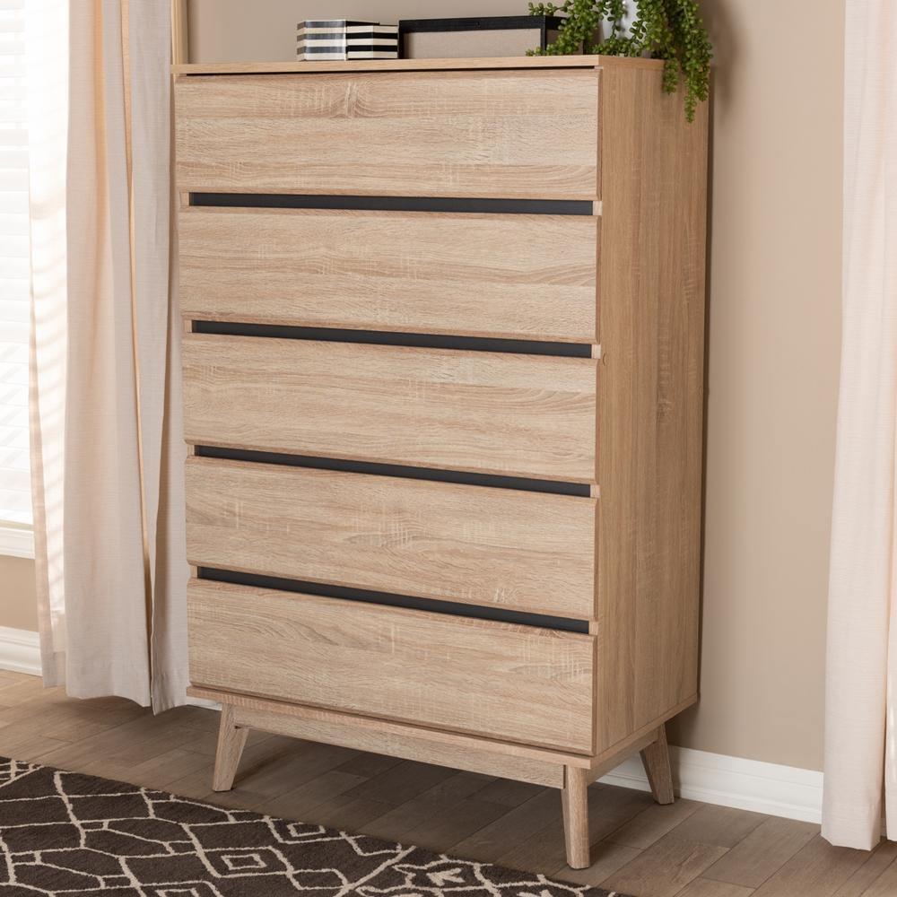 Miren Mid-Century Modern Light Oak and Dark Grey 5-Drawer Chest FredCo