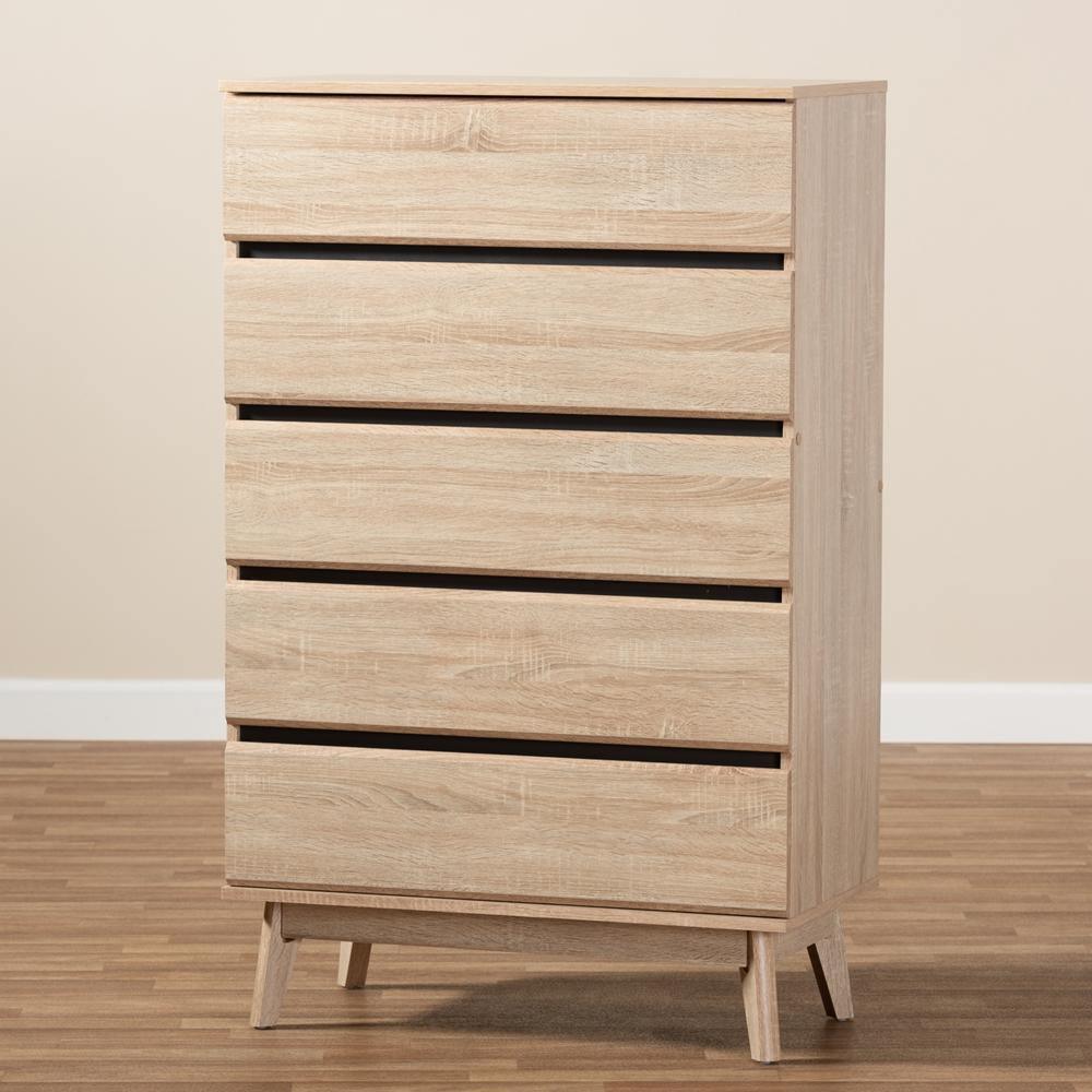 Miren Mid-Century Modern Light Oak and Dark Grey 5-Drawer Chest FredCo