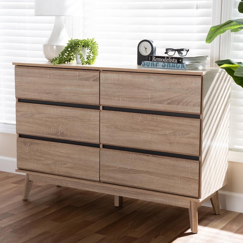 Miren Mid-Century Modern Light Oak and Dark Grey 6-Drawer Dresser FredCo