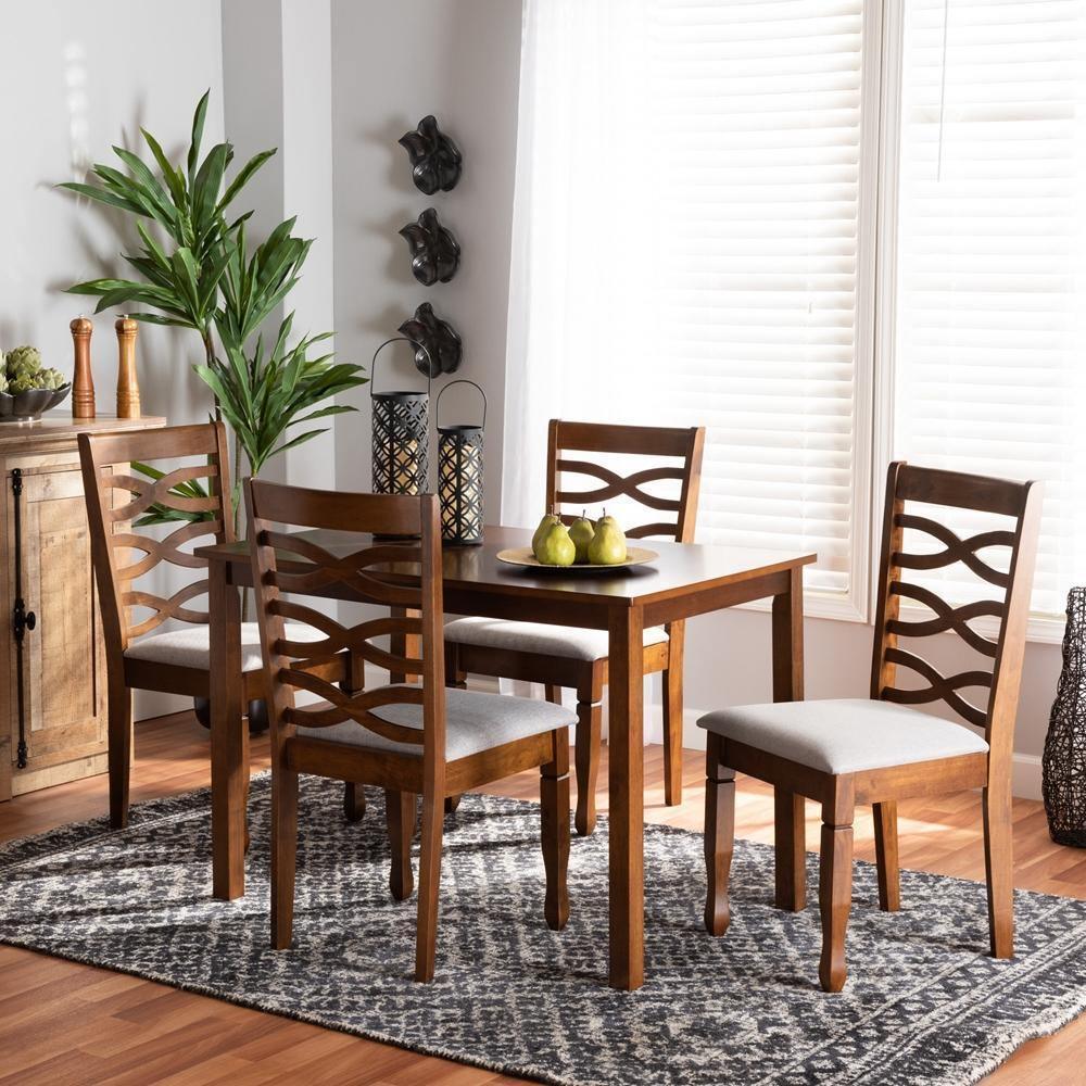 Mirna Modern and Contemporary Grey Fabric Upholstered and Walnut Brown Finished Wood 5-Piece Dining Set FredCo