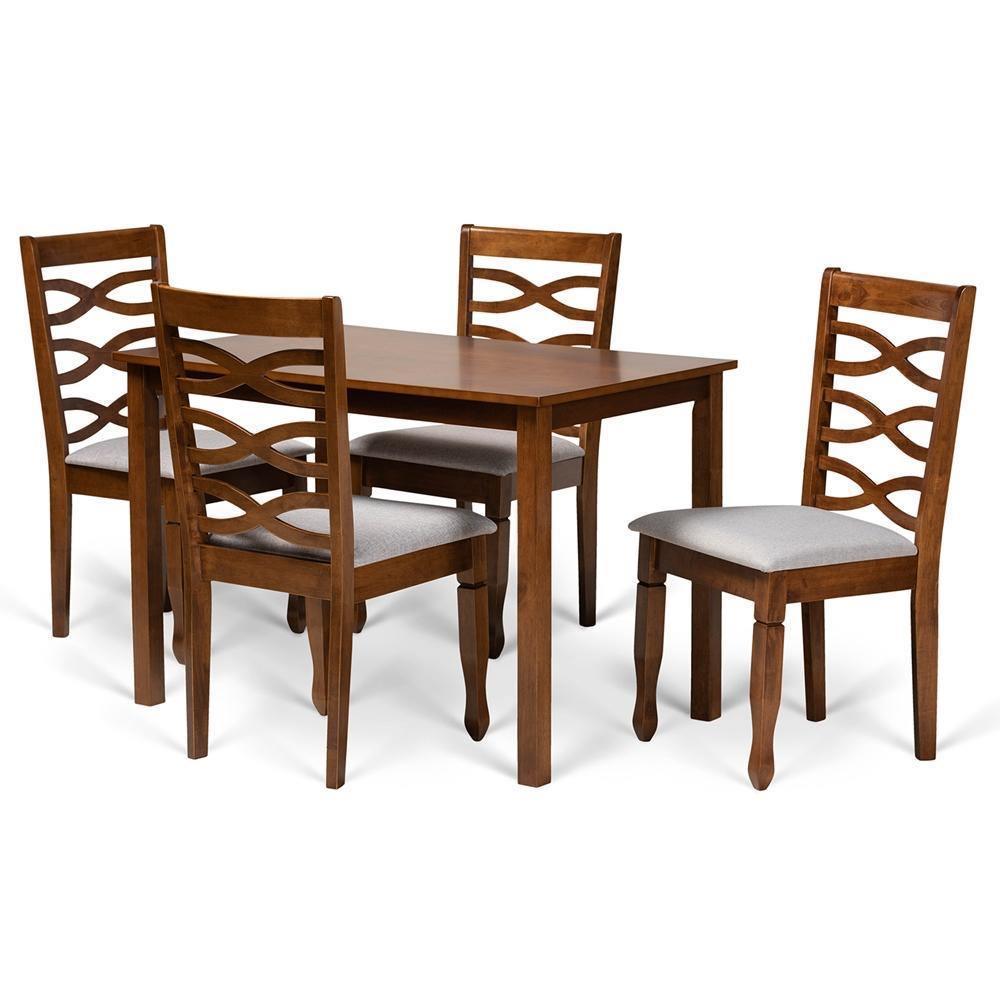 Mirna Modern and Contemporary Grey Fabric Upholstered and Walnut Brown Finished Wood 5-Piece Dining Set FredCo