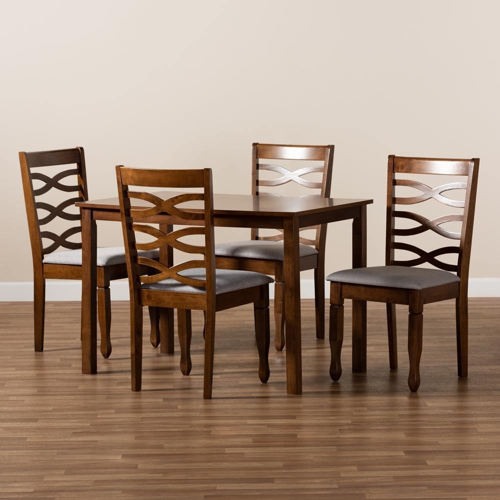 Mirna Modern and Contemporary Grey Fabric Upholstered and Walnut Brown Finished Wood 5-Piece Dining Set FredCo