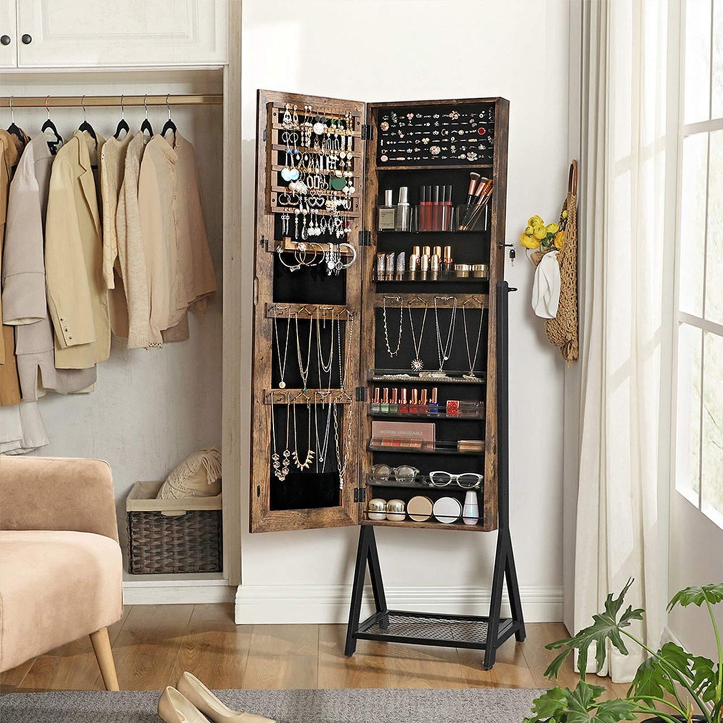 Mirror Jewelry Cabinet Rustic Brown and Black FredCo