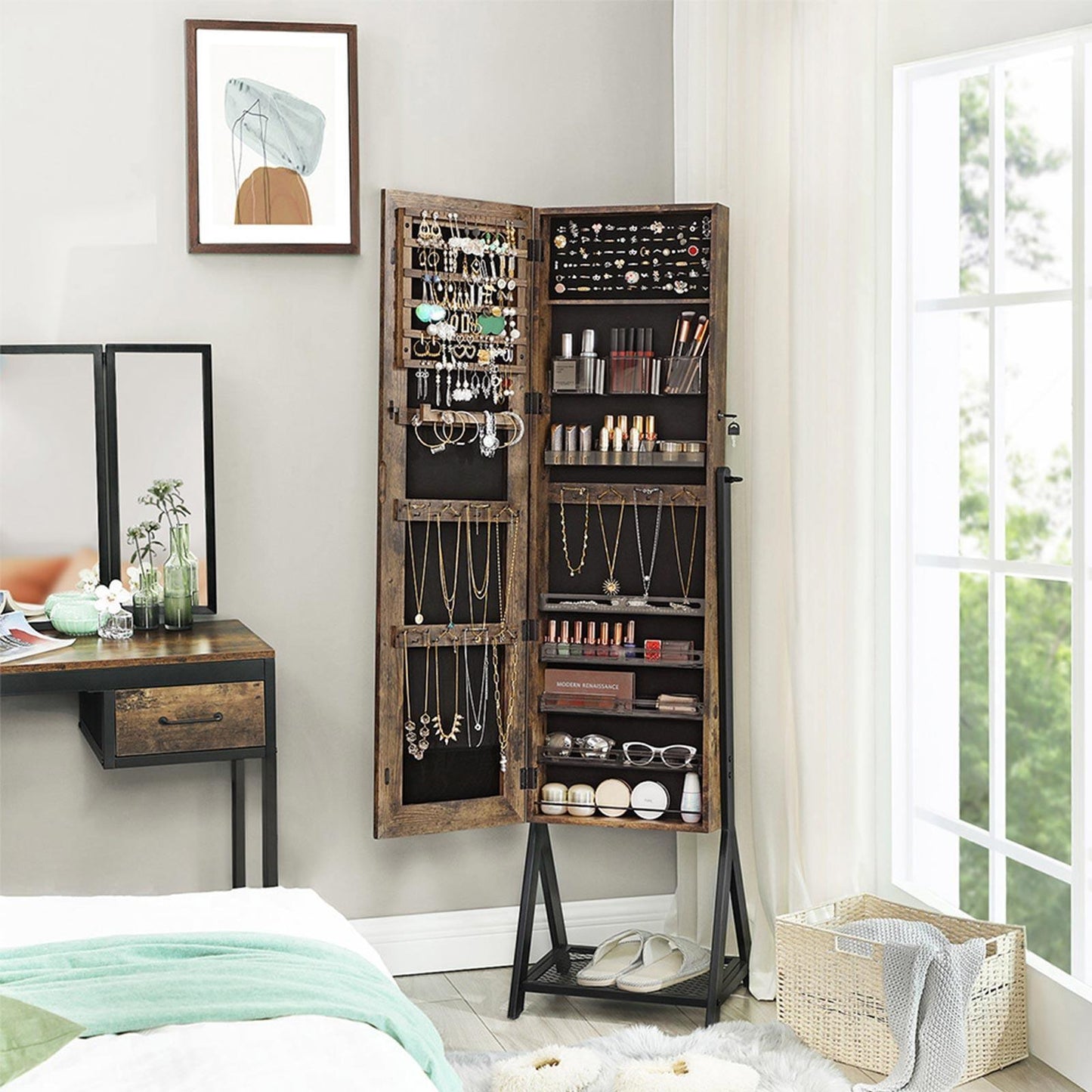 Mirror Jewelry Cabinet Rustic Brown and Black FredCo