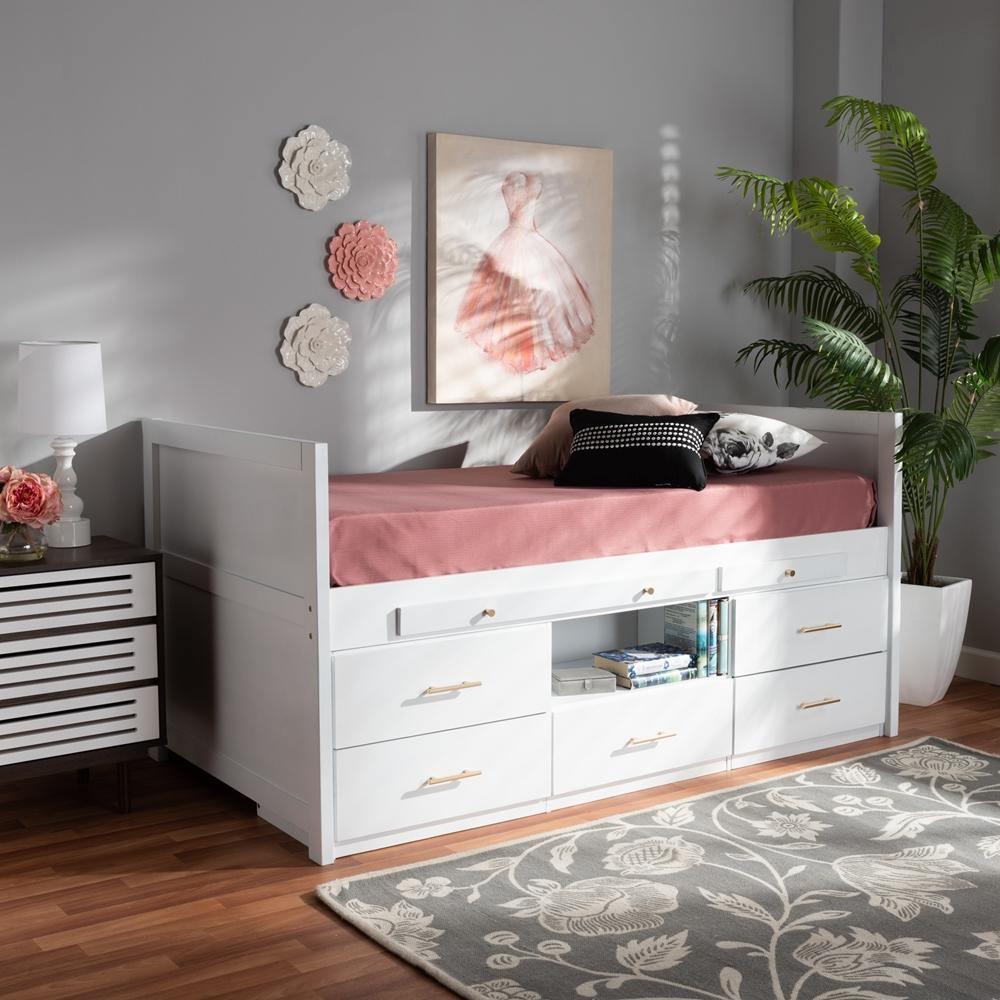 Mirza Modern and Contemporary White Finished Wood 5-Drawer Twin Size Storage Bed with Pull-Out Desk FredCo