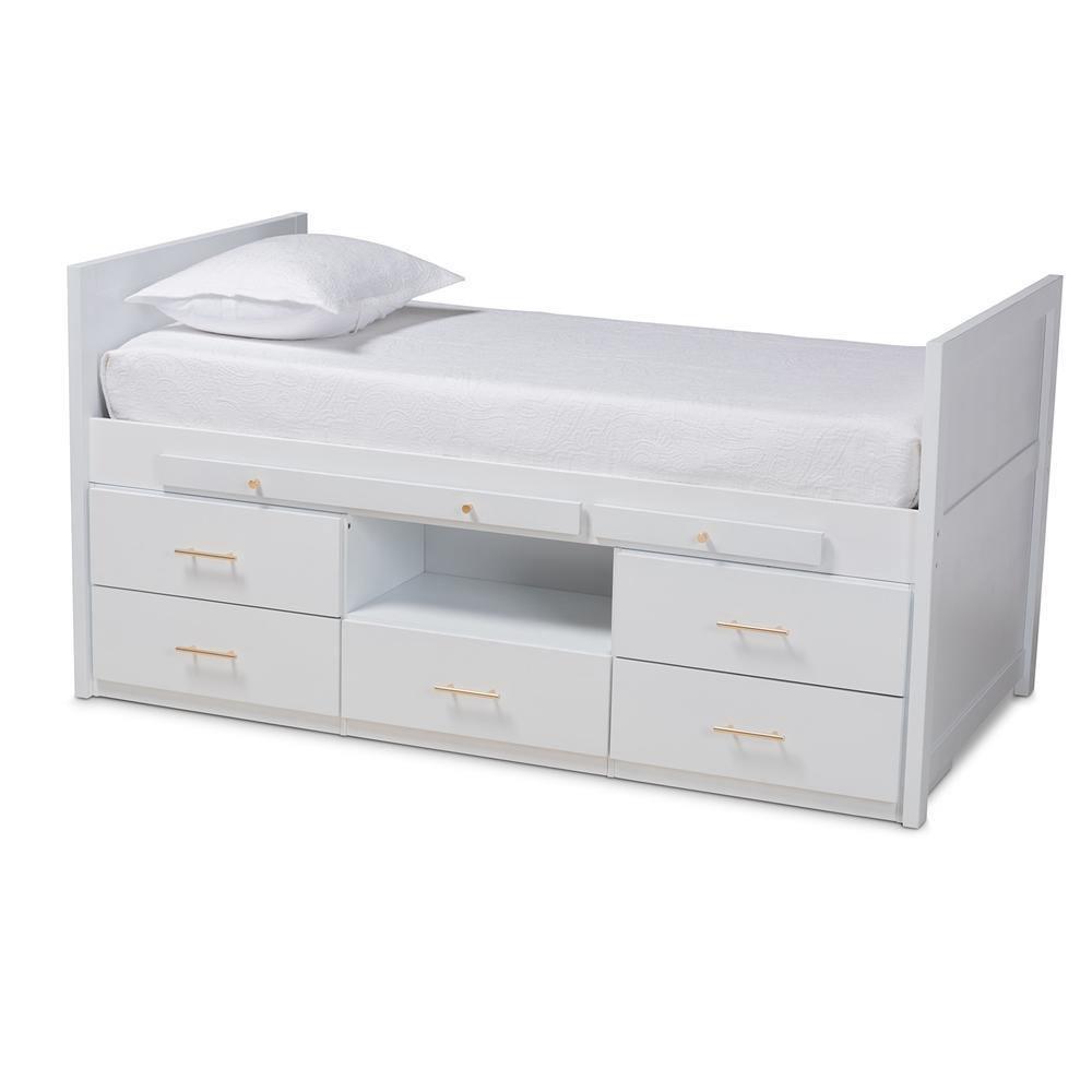Mirza Modern and Contemporary White Finished Wood 5-Drawer Twin Size Storage Bed with Pull-Out Desk FredCo