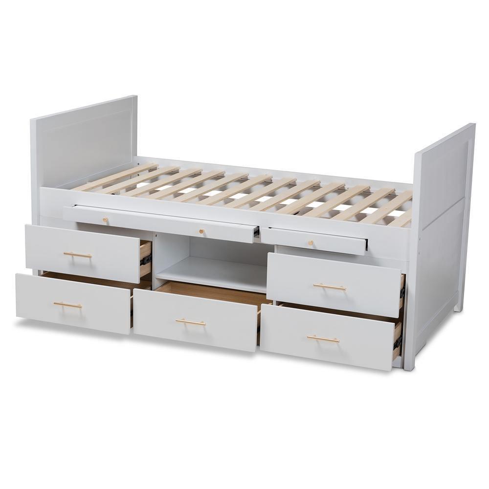 Mirza Modern and Contemporary White Finished Wood 5-Drawer Twin Size Storage Bed with Pull-Out Desk FredCo
