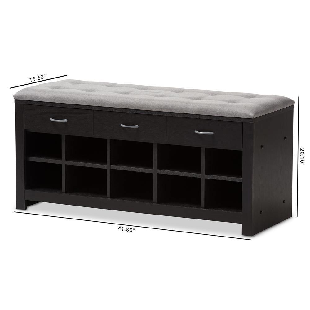 Modern and Contemporary Espresso Finished Grey Fabric Upholstered Cushioned Entryway Bench FredCo