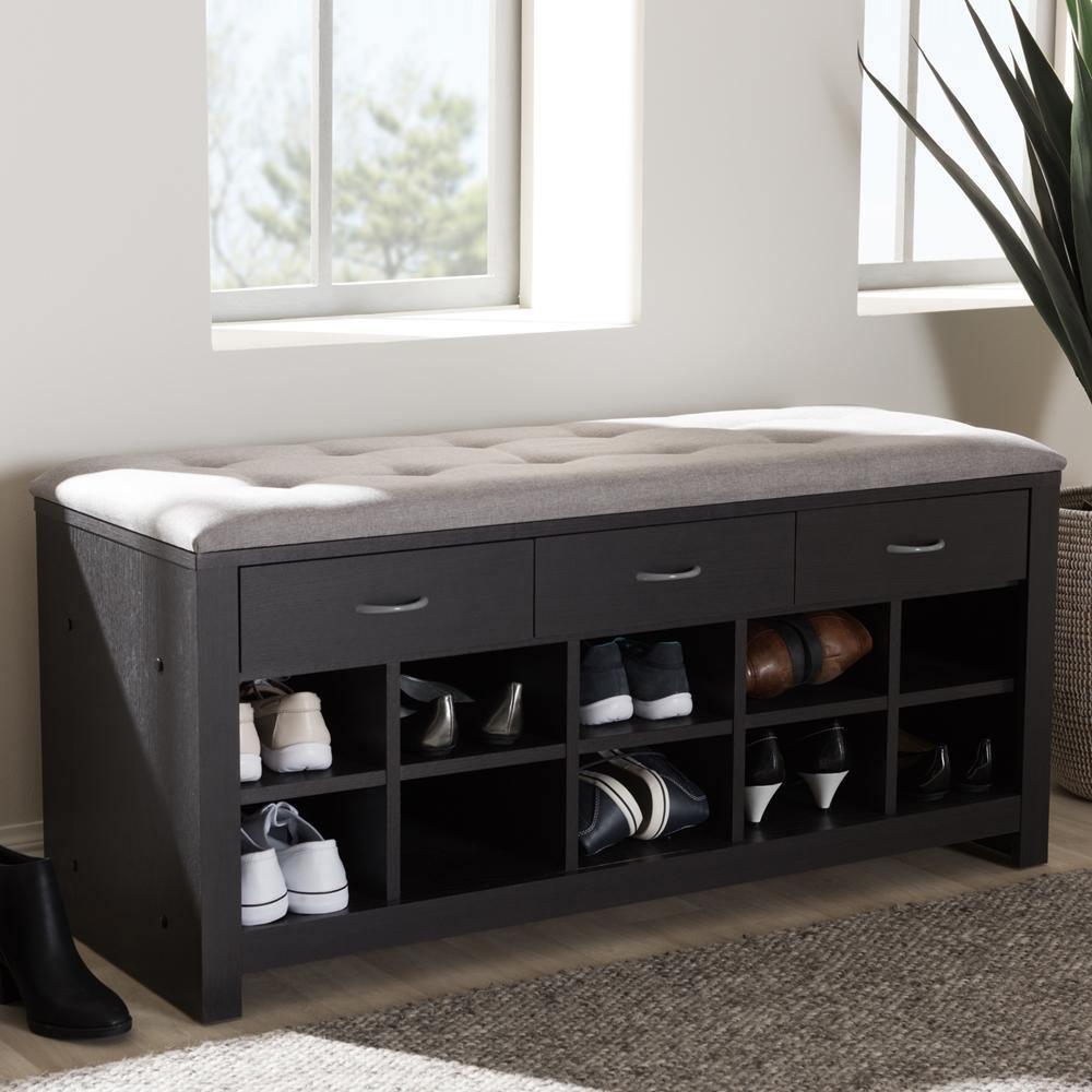 Modern and Contemporary Espresso Finished Grey Fabric Upholstered Cushioned Entryway Bench FredCo