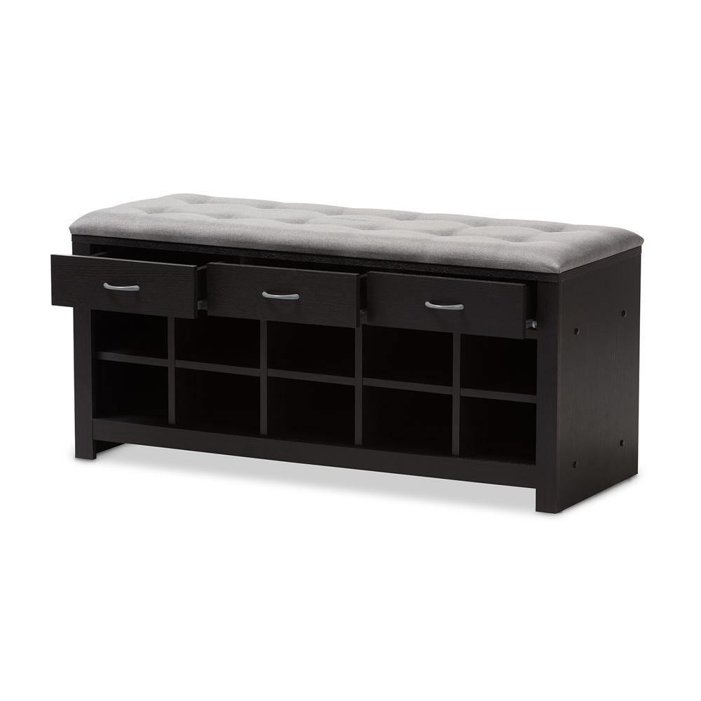 Modern and Contemporary Espresso Finished Grey Fabric Upholstered Cushioned Entryway Bench FredCo