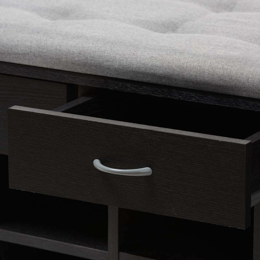 Modern and Contemporary Espresso Finished Grey Fabric Upholstered Cushioned Entryway Bench FredCo