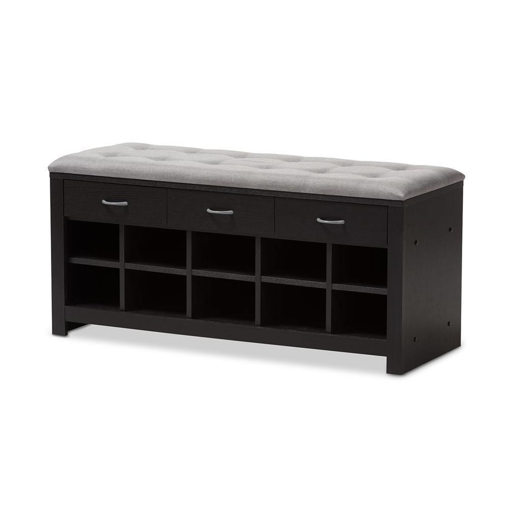Modern and Contemporary Espresso Finished Grey Fabric Upholstered Cushioned Entryway Bench FredCo